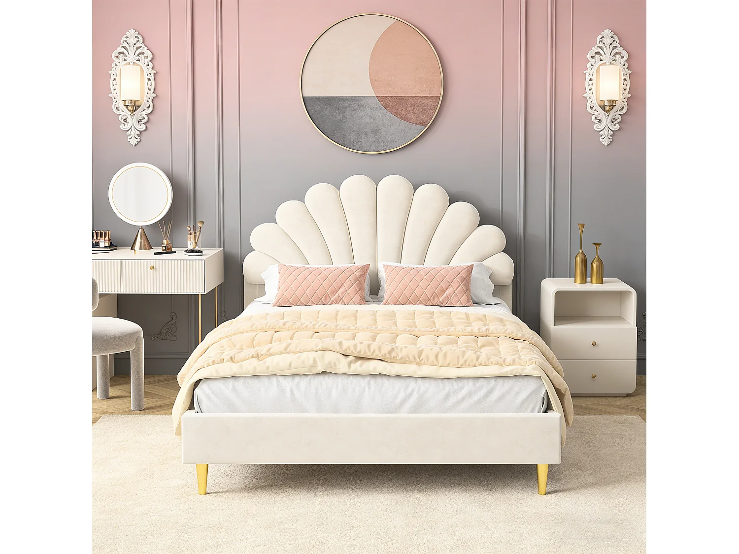 Lit Double 140x200 cm avec Tête de Lit en Forme de Fleur,Velours ,Cadre de Lit Robuste avec Sommier à Lattes,Beige