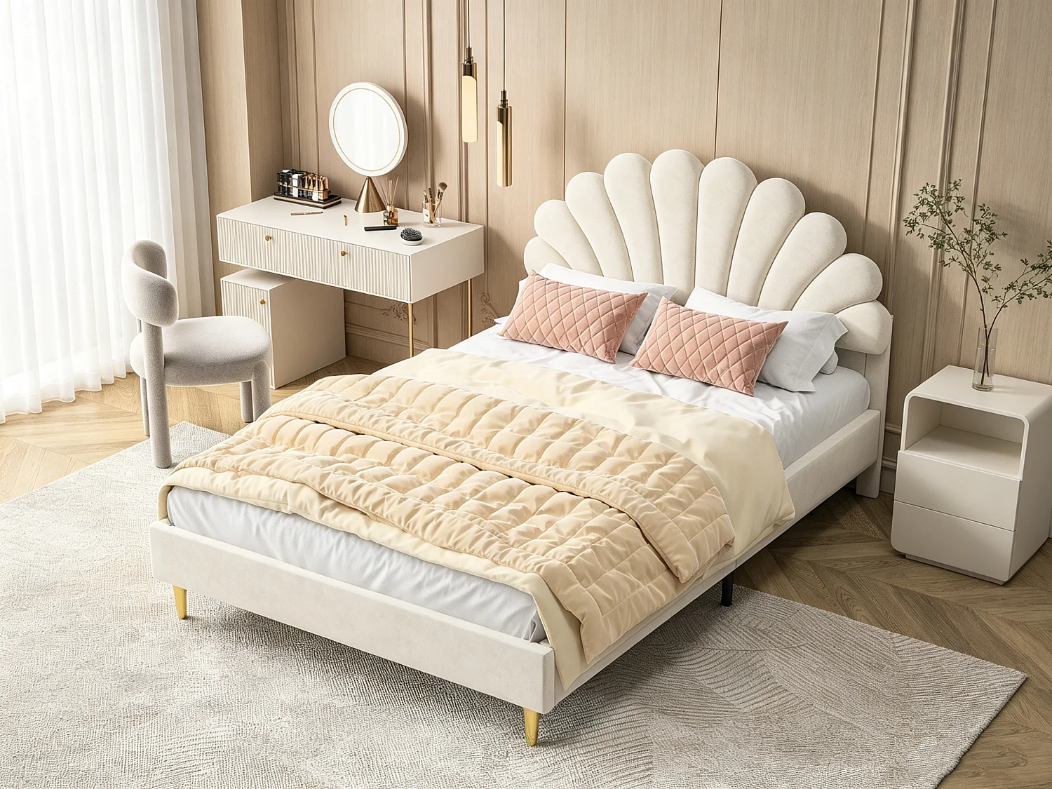 Cama de casal 140 x 200 cm com cabeceira em forma de flor, capa em veludo, estrutura robusta com estrado de ripas, bege