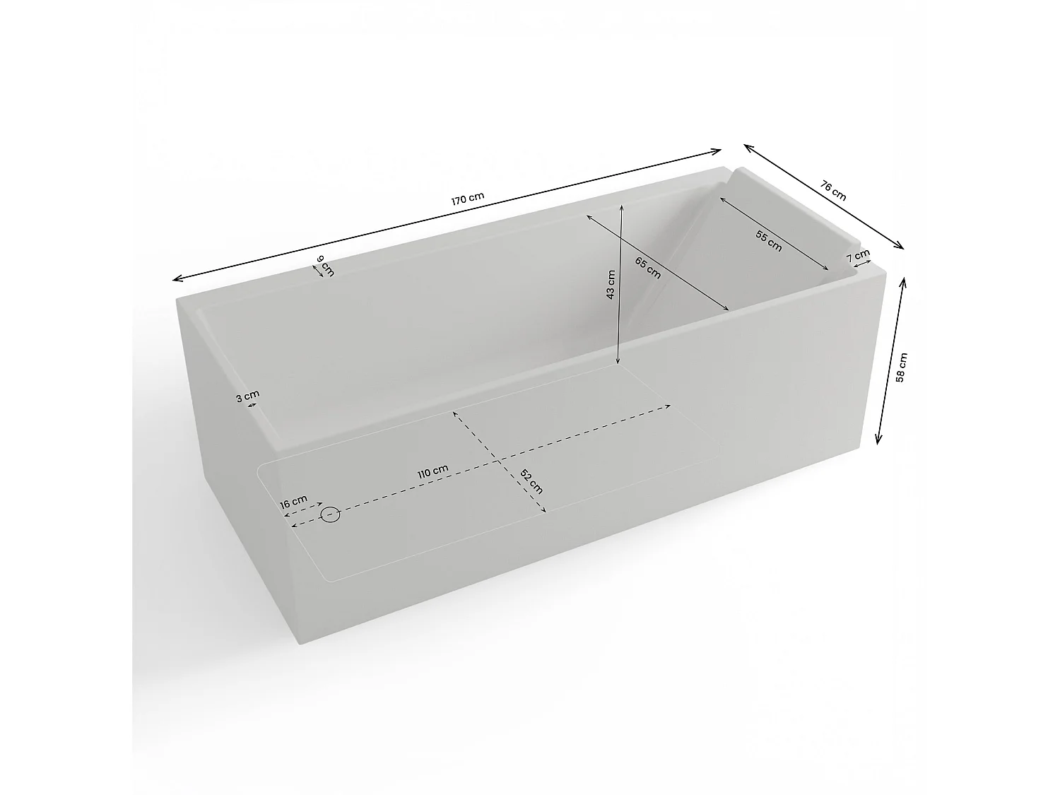 Baignoire Ilot Quantum 170 droite blanche 170 x75 x58 cm, by SPALINA