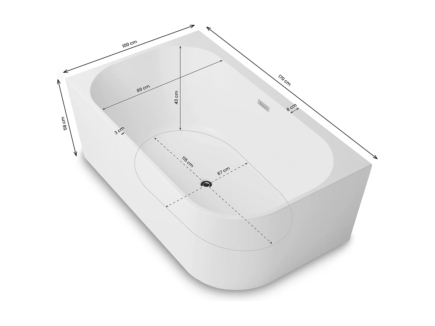 Baignoire Ilot Capri duo 170 gauche blanche 170 x100 x58 cm, by SPALINA