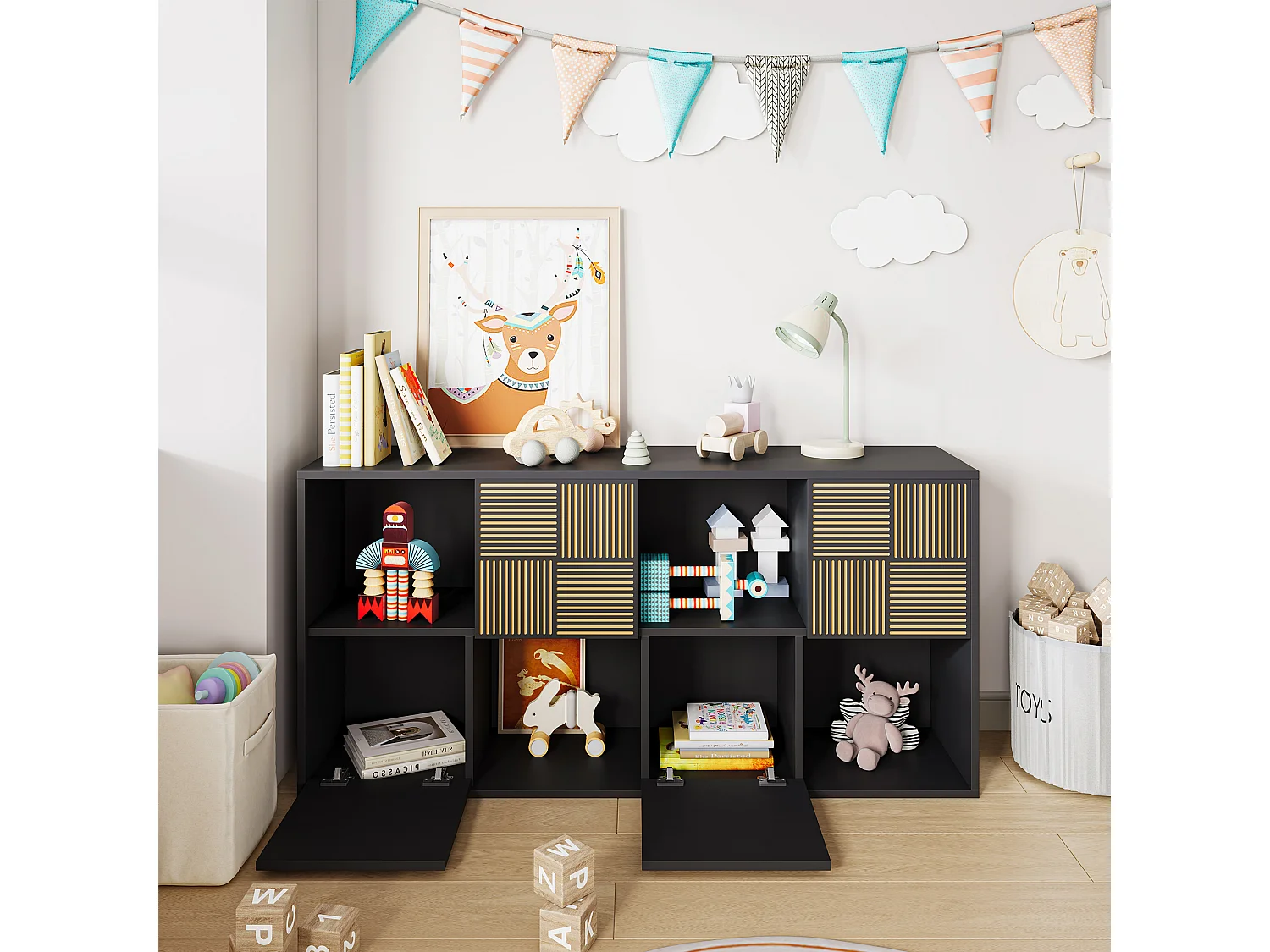 Bibliothèque à 8 compartiments - Étagères ouvertes à 4 portes - Autoportante - 125 x 30 x 60 cm - Noir