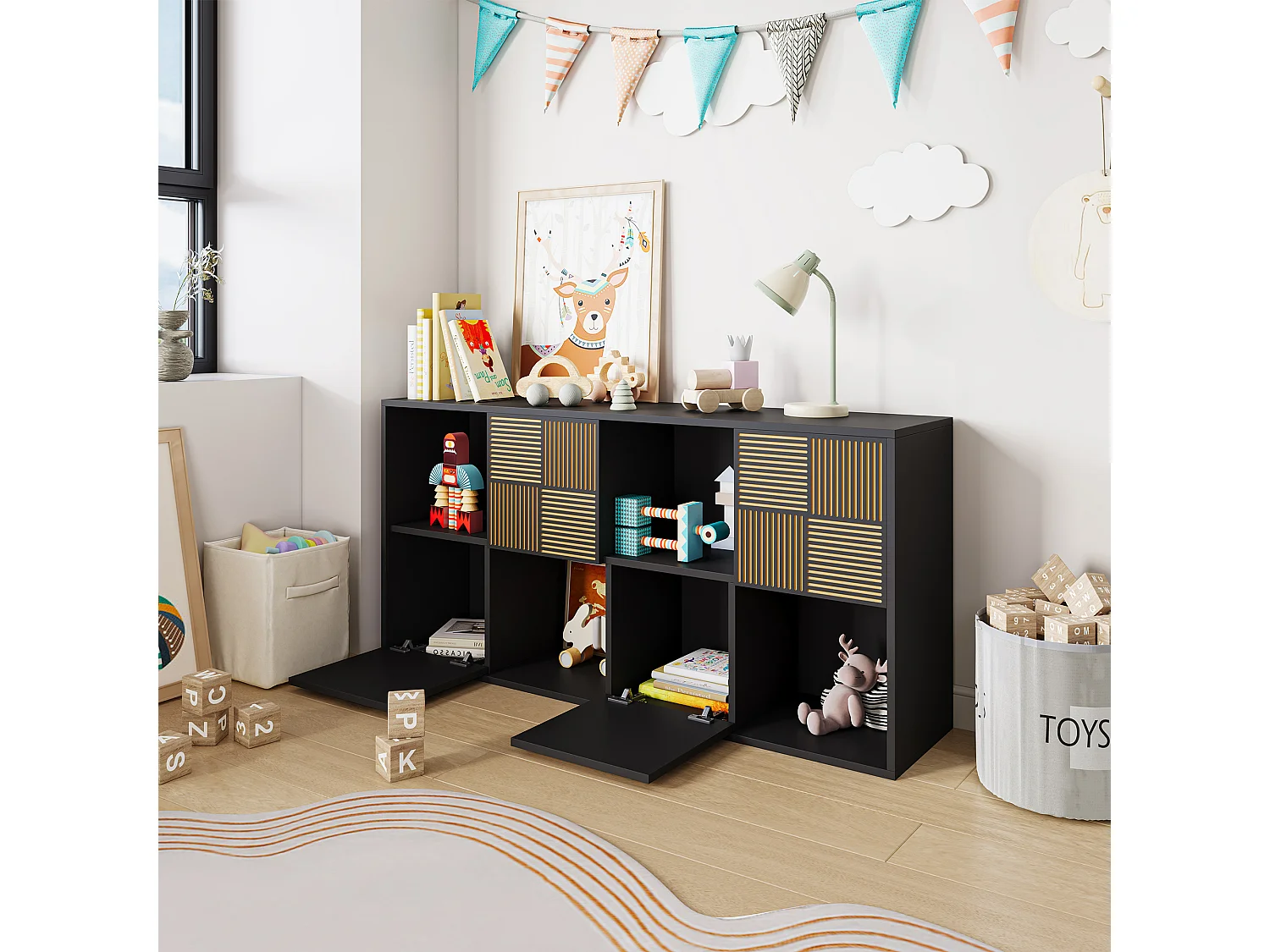 Bibliothèque à 8 compartiments - Étagères ouvertes à 4 portes - Autoportante - 125 x 30 x 60 cm - Noir