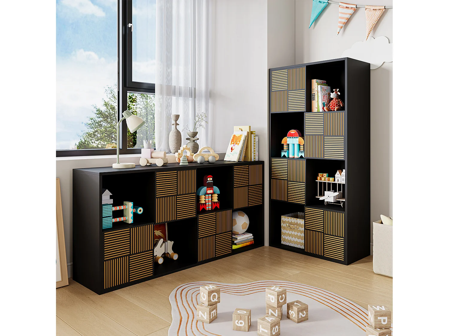 Bibliothèque à 8 compartiments - Étagères ouvertes à 4 portes - Autoportante - 125 x 30 x 60 cm - Noir