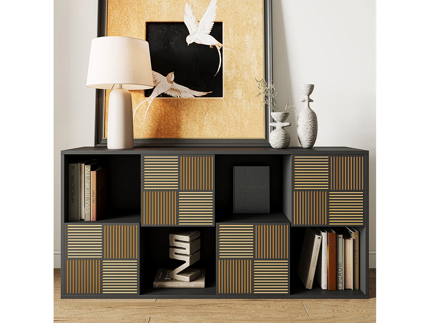 Bibliothèque à 8 compartiments - Étagères ouvertes à 4 portes - Autoportante - 125 x 30 x 60 cm - Noir