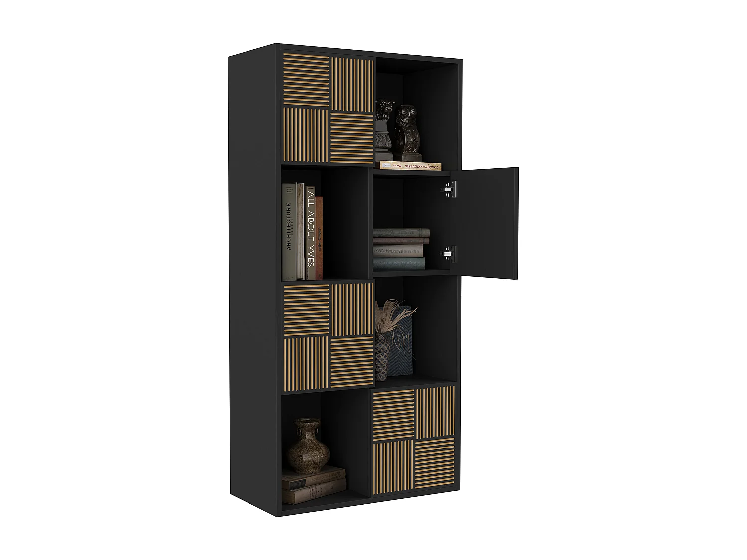 Bibliothèque à 8 compartiments - Étagères ouvertes à 4 portes - Autoportante - 125 x 30 x 60 cm - Noir