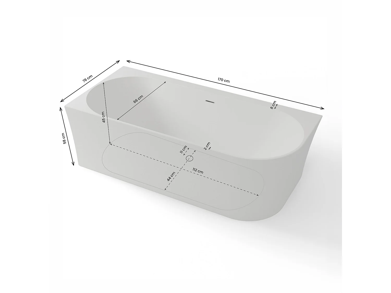 Baignoire Ilot Cosmic 170 gauche blanche 170 x76 x58 cm, by SPALINA