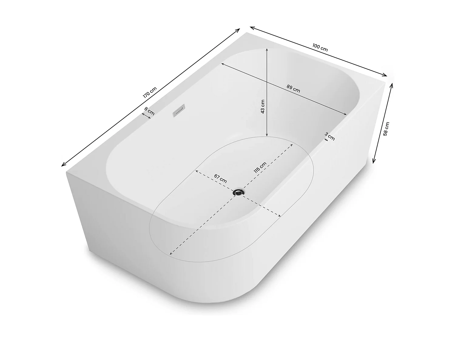 Baignoire Ilot Capri duo 170 droite blanche 170 x100 x58 cm, by SPALINA