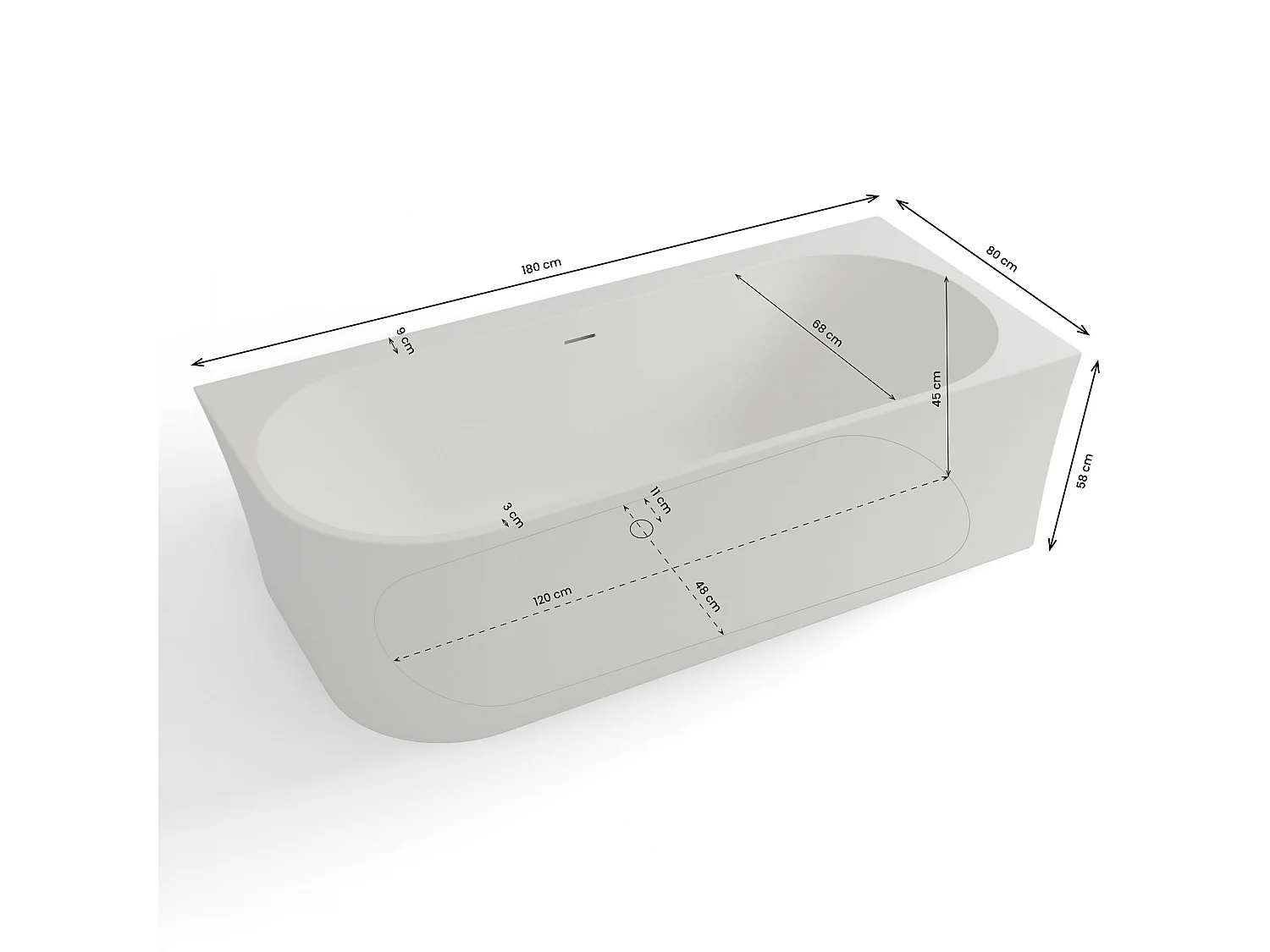 Baignoire Ilot Cosmic 180 droite blanche 180 x80 x58 cm, by SPALINA