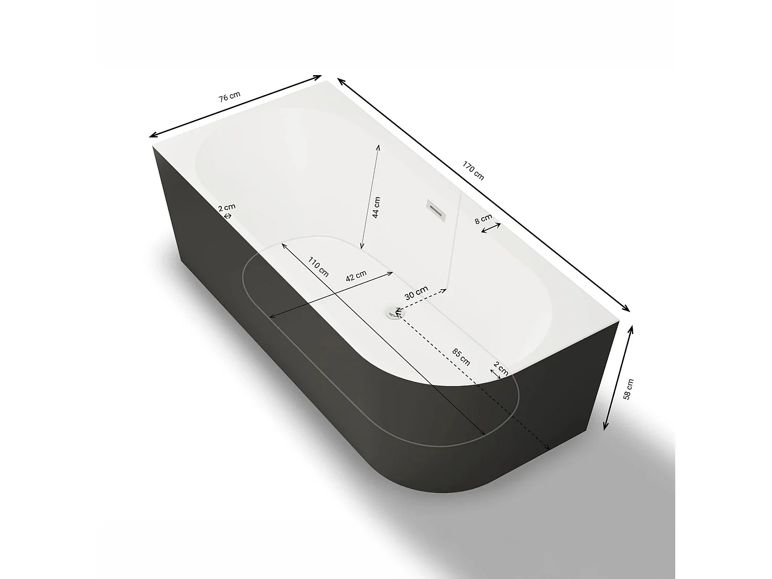 Baignoire Ilot Capri 170 gauche noire + robinetterie noire mate 170 x76 x58 cm, by SPALINA