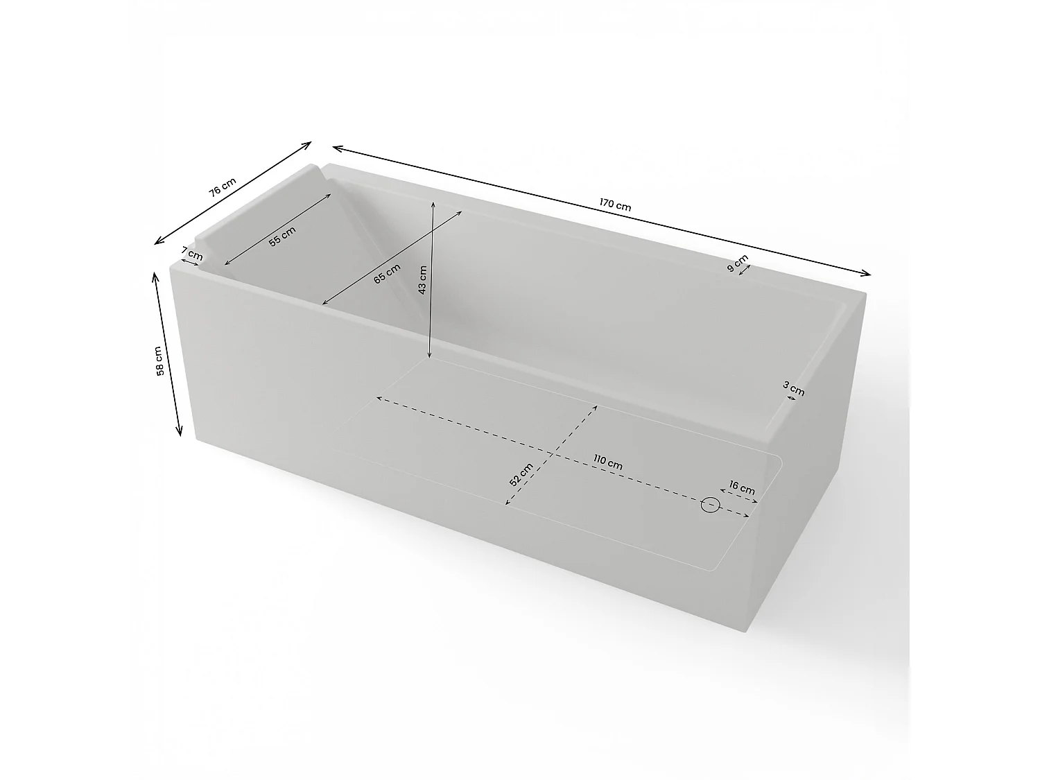 Baignoire Ilot Quantum 170 gauche blanche 170 x75 x58 cm, by SPALINA