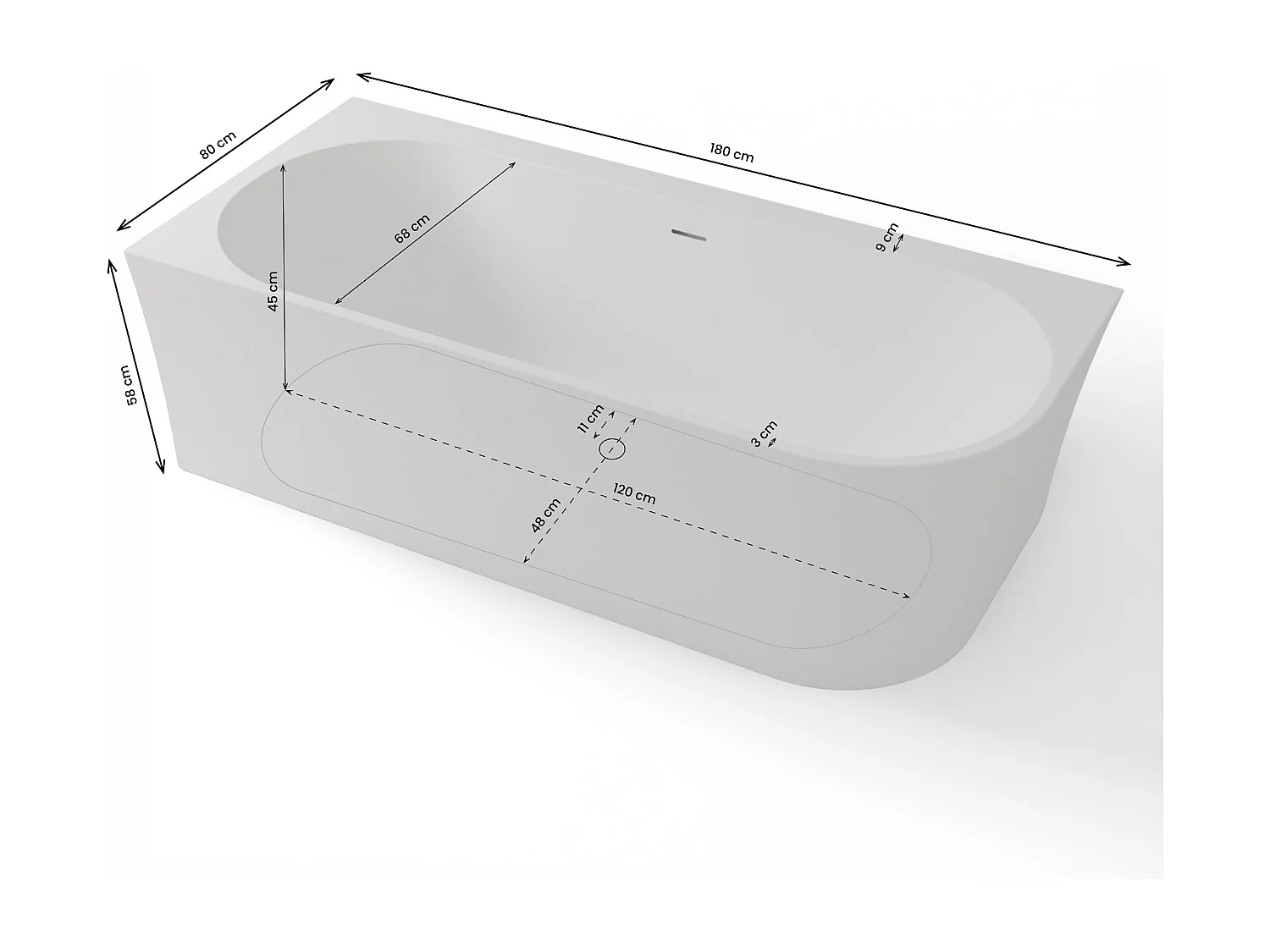 Baignoire Ilot Cosmic 180 gauche blanche 180 x80 x58 cm, by SPALINA