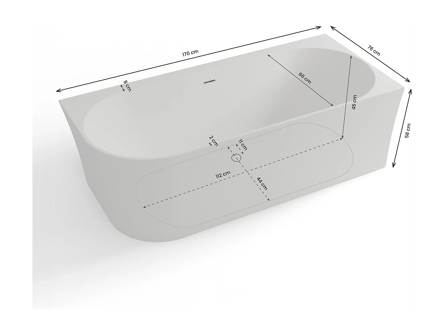 Baignoire Ilot Cosmic 170 droite blanche 170 x76 x58 cm, by SPALINA