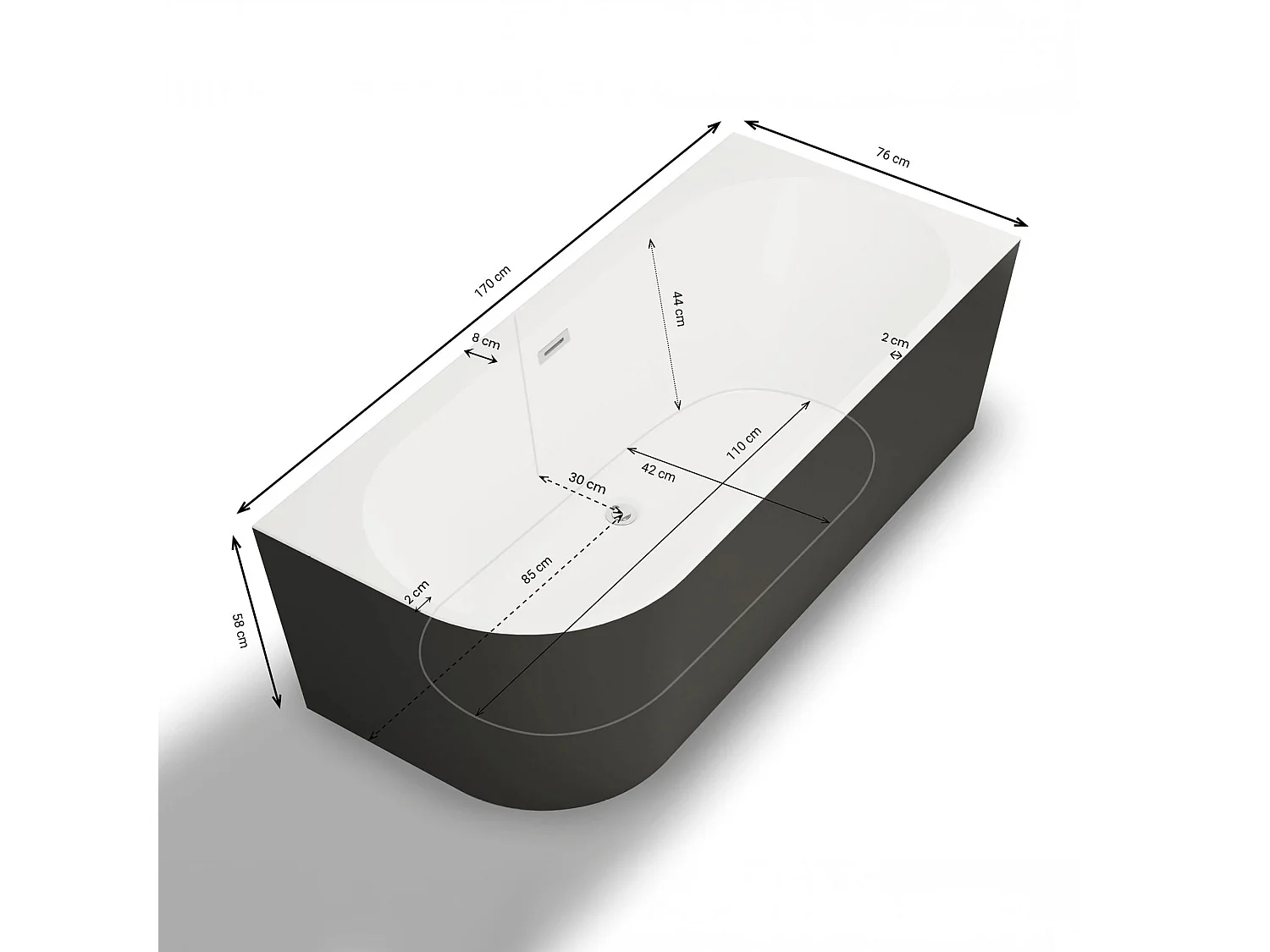 Baignoire Ilot Capri 170 droite noire + robinetterie noire mate 170 x76 x58 cm, by SPALINA