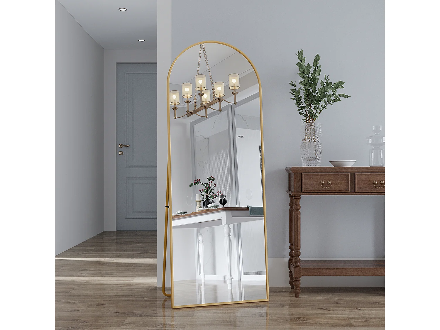 Miroir sur pied 162 x 53 cm - cadre en alliage d'aluminium - forme arquée - doré