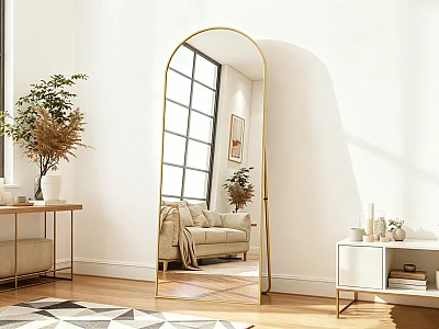 Miroir sur pied 162 x 53 cm - cadre en alliage d'aluminium - forme arquée - doré