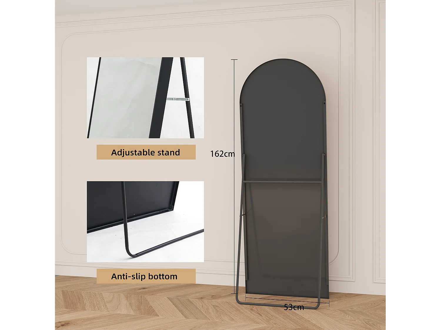 Miroir sur pied 162x53 cm, Grand Miroir de Sol Pleine Longueur, Elliptique, pour Chambre Salon Entrée, Noir