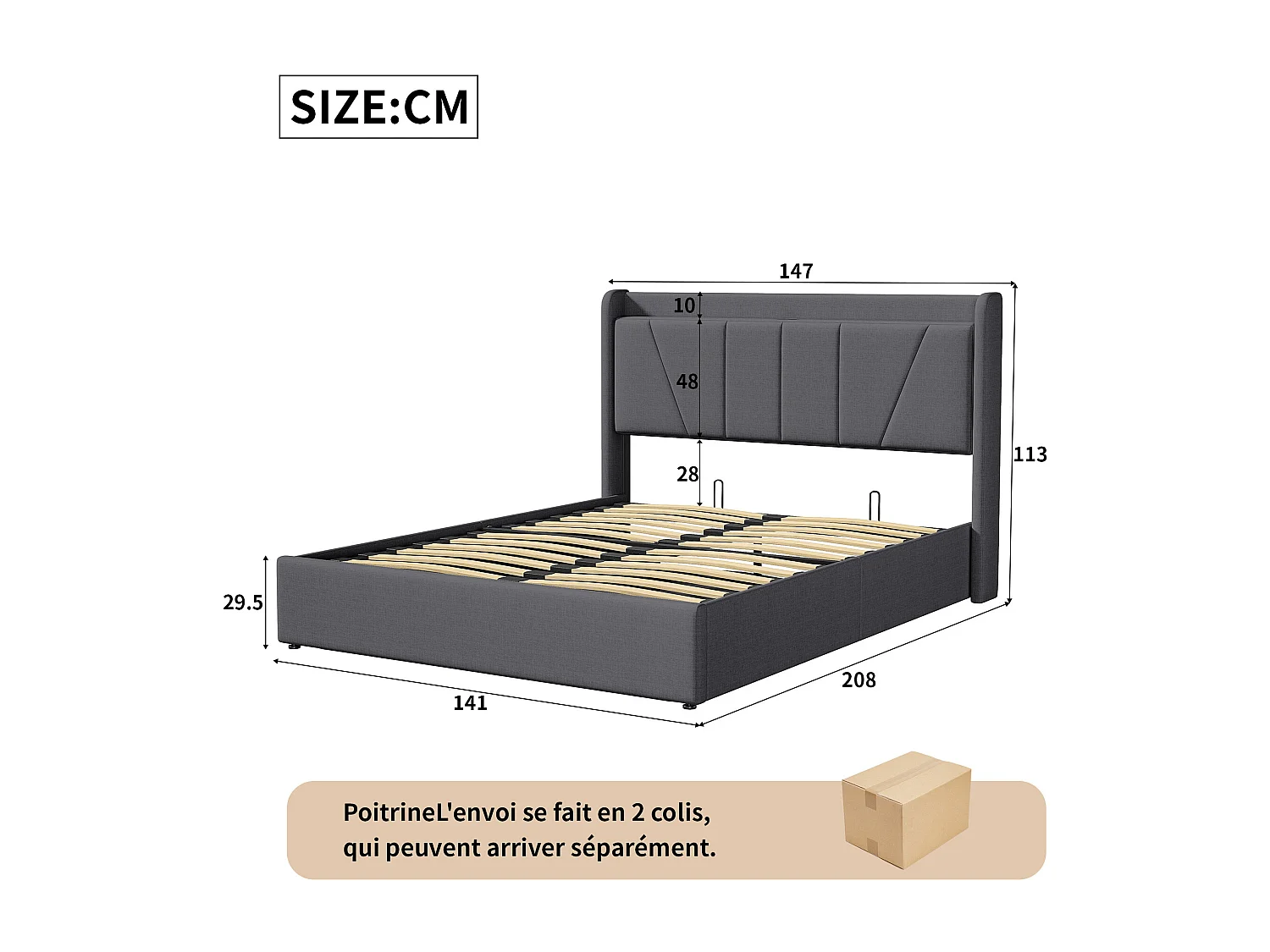 Opbergbed van 140x200 cm met Type-C- en USB-poort, gestoffeerd tweepersoonsbed met lattenbodem, hydraulisch gestoffeerd bed met opbergruimte, linnen, grijs
