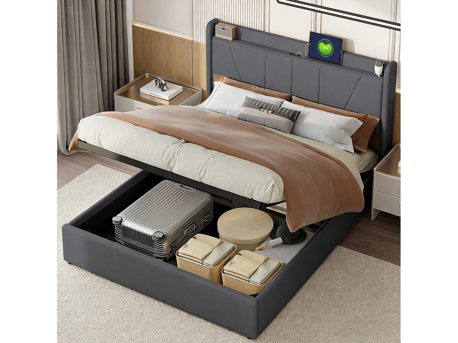 Opbergbed van 140x200 cm met Type-C- en USB-poort, gestoffeerd tweepersoonsbed met lattenbodem, hydraulisch gestoffeerd bed met opbergruimte, linnen, grijs