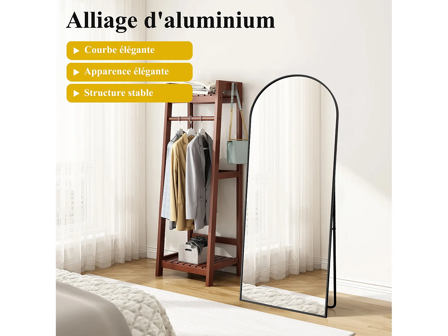 Miroir sur Pied 164 x 54cm, Miroir Arqué sur Pied à Poser au Sol, Cadre en Alliage d’Aluminium, Verre Trempé, Design Arche pour Chambre, Salon et Entrée,Noir