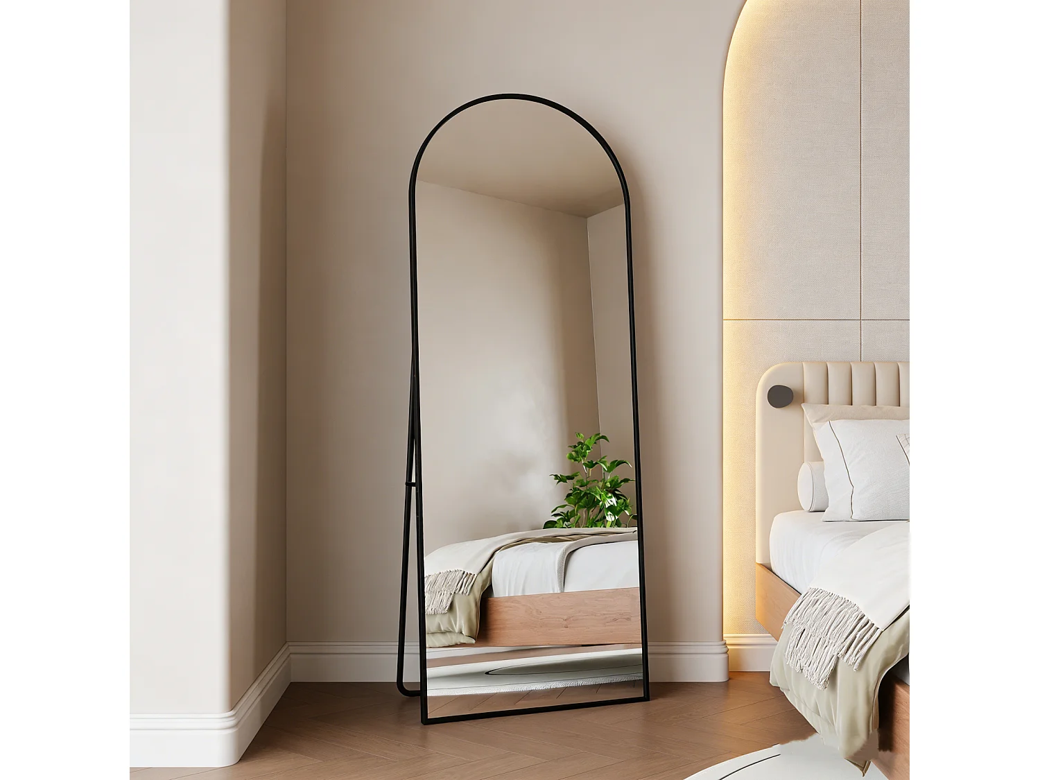 Miroir sur Pied 164 x 54cm, Miroir Arqué sur Pied à Poser au Sol, Cadre en Alliage d’Aluminium, Verre Trempé, Design Arche pour Chambre, Salon et Entrée,Noir