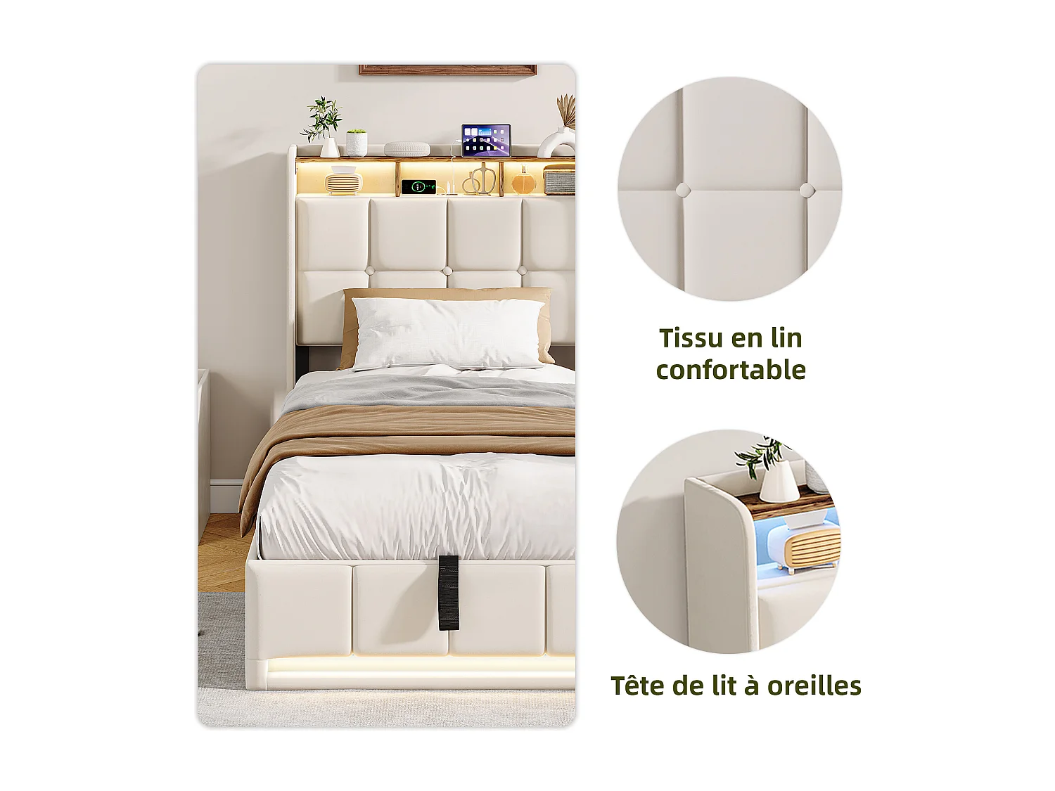 Cama individual tapizada de 90x200cm con almacenamiento, iluminación LED, puerto USB y puerto tipo C, estructura de cama, somier de láminas, lino, beige