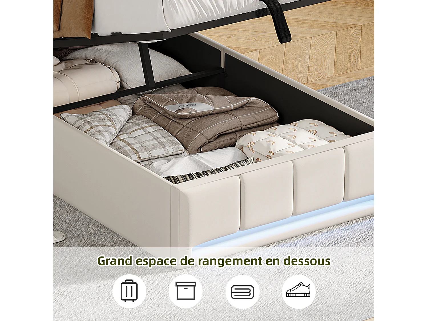 Cama individual tapizada de 90x200cm con almacenamiento, iluminación LED, puerto USB y puerto tipo C, estructura de cama, somier de láminas, lino, beige