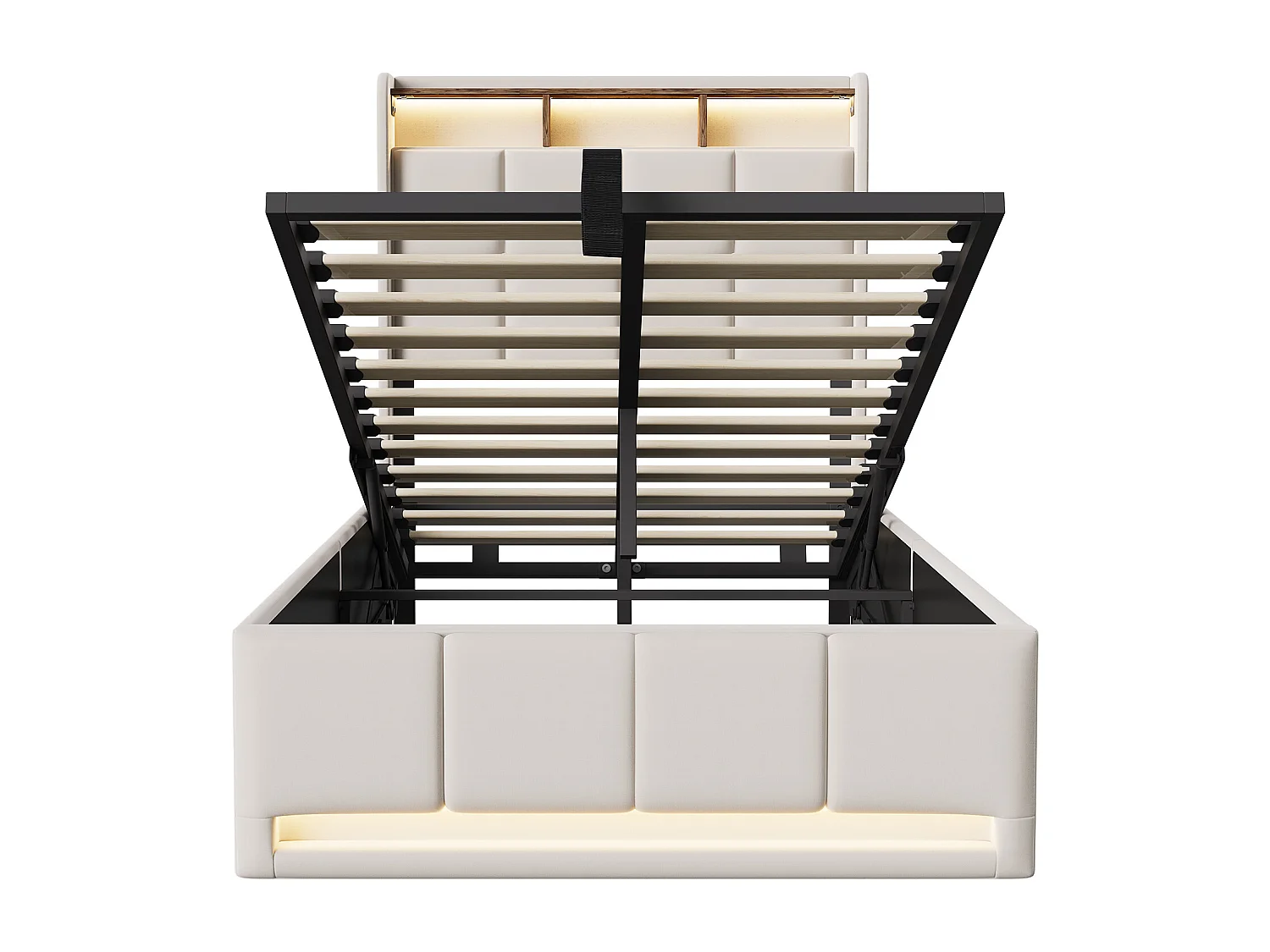 Cama individual tapizada de 90x200cm con almacenamiento, iluminación LED, puerto USB y puerto tipo C, estructura de cama, somier de láminas, lino, beige