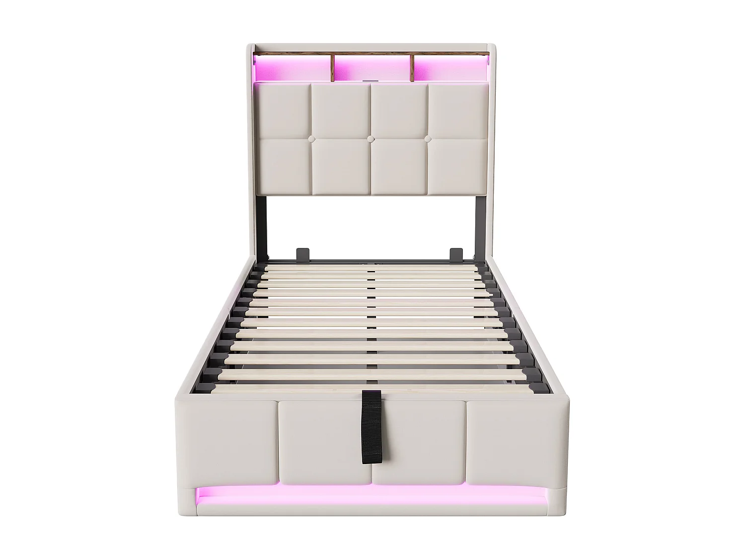 Cama individual tapizada de 90x200cm con almacenamiento, iluminación LED, puerto USB y puerto tipo C, estructura de cama, somier de láminas, lino, beige