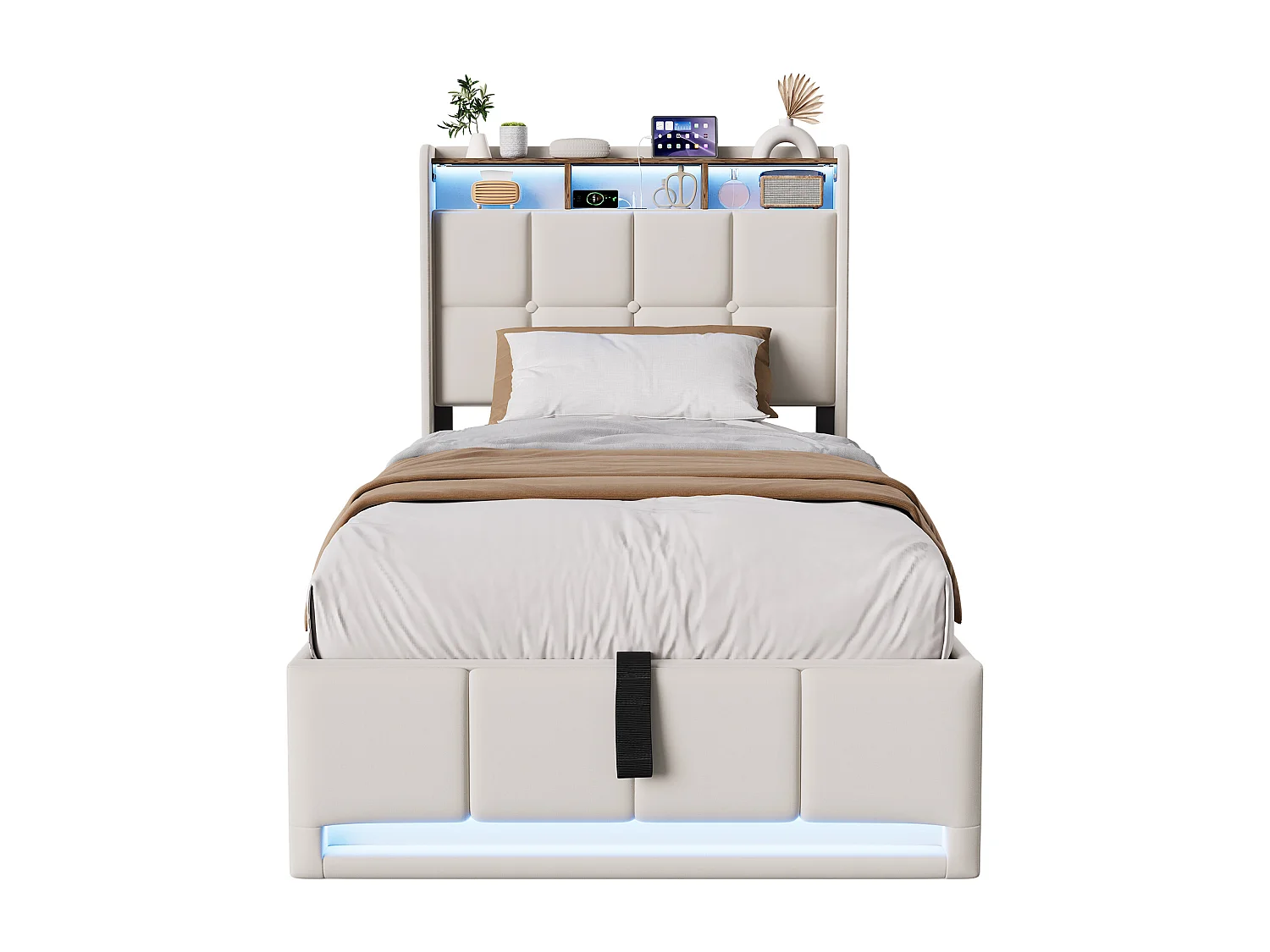 Cama individual tapizada de 90x200cm con almacenamiento, iluminación LED, puerto USB y puerto tipo C, estructura de cama, somier de láminas, lino, beige