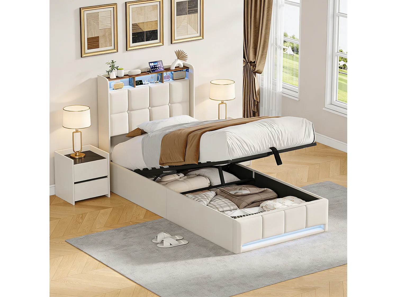 Cama individual tapizada de 90x200cm con almacenamiento, iluminación LED, puerto USB y puerto tipo C, estructura de cama, somier de láminas, lino, beige
