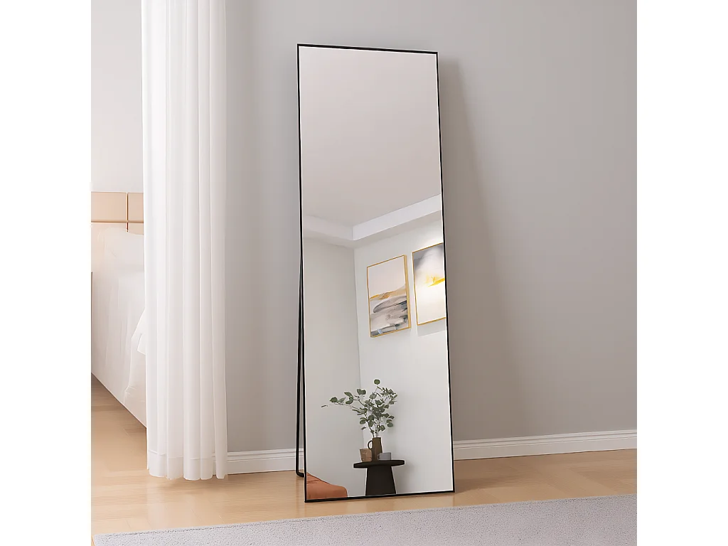 Miroir sur Pied 162x53 cm - Miroir Mural à Suspendre ou à Poser-Miroir Cosmétique en Rectangle avec Cadre en Alliage D'aluminium Miroir - Noir