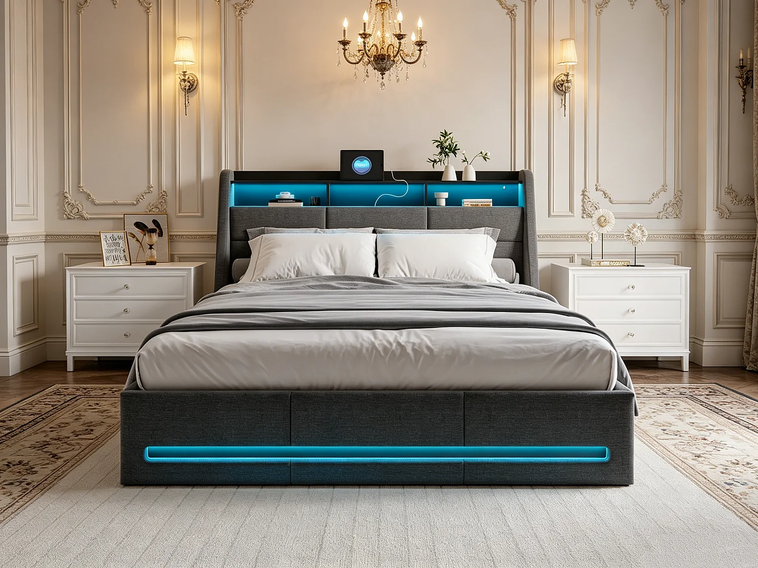 Cama de casal 160x200cm com compartimento de arrumação hidráulico - iluminação LED e porta USB - roupa de cama - cinzento