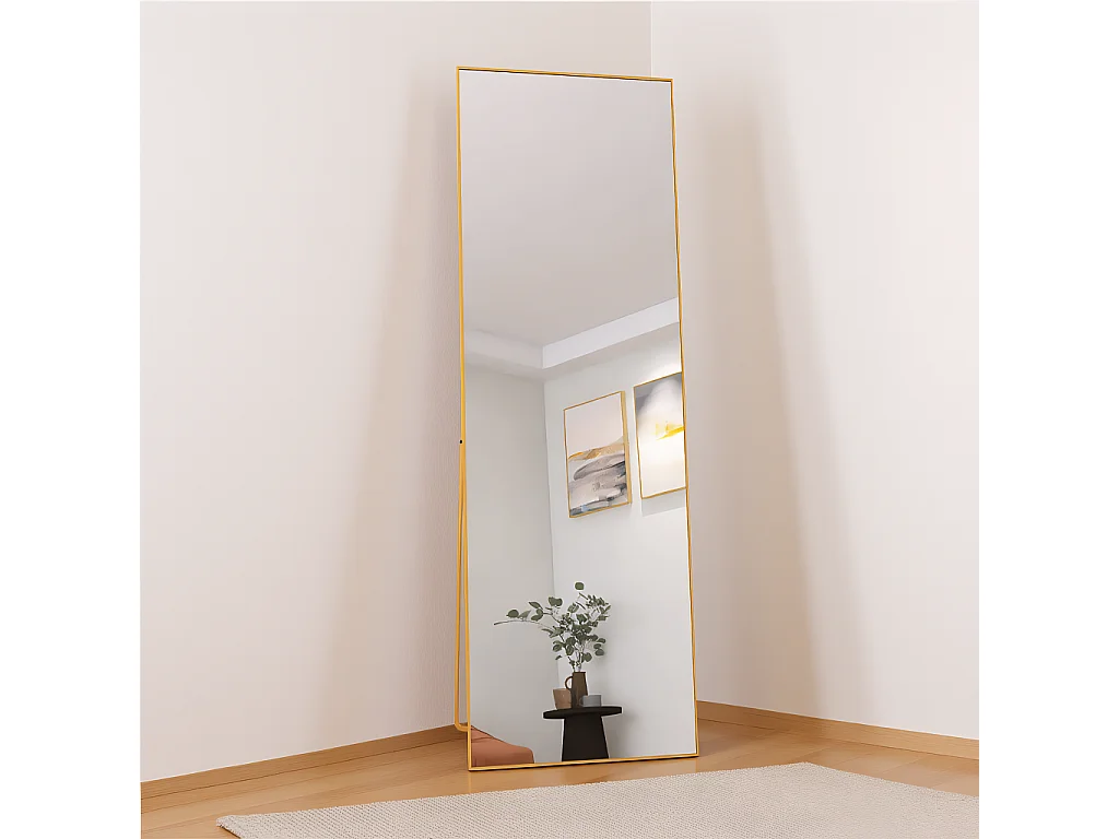 Miroir sur Pied 162x53 cm - Miroir Mural à Suspendre ou à Poser-Miroir Cosmétique en Rectangle avec Cadre en Alliage D'aluminium Miroir - Doré