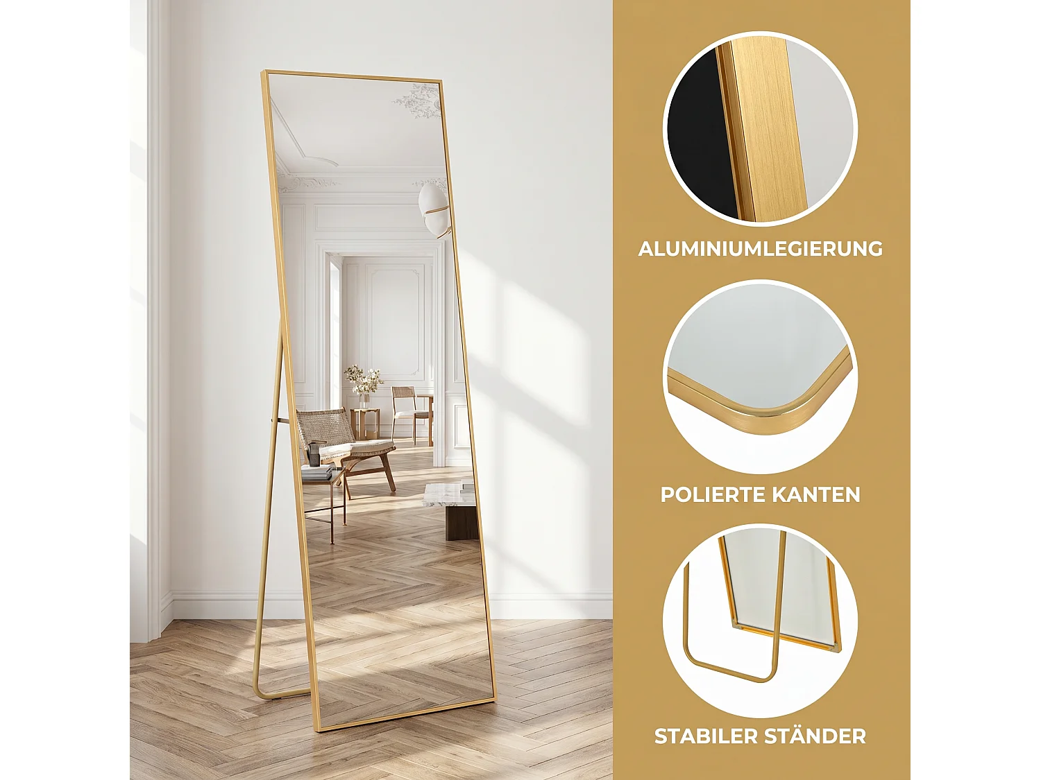 Miroir sur Pied 162x53 cm - Miroir Mural à Suspendre ou à Poser-Miroir Cosmétique en Rectangle avec Cadre en Alliage D'aluminium Miroir - Doré