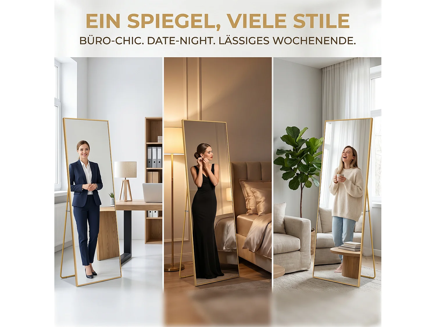 Miroir sur Pied 162x53 cm - Miroir Mural à Suspendre ou à Poser-Miroir Cosmétique en Rectangle avec Cadre en Alliage D'aluminium Miroir - Doré