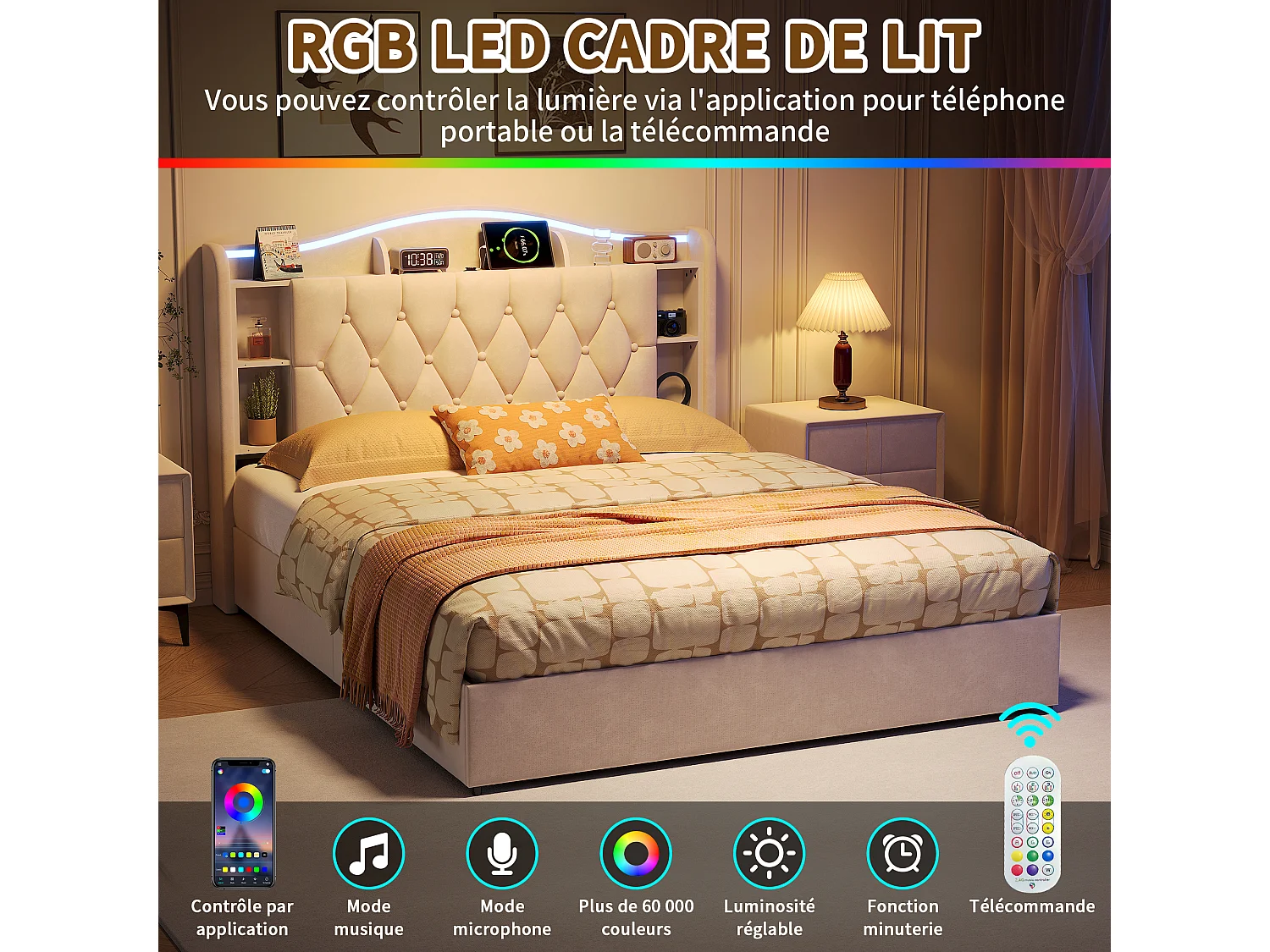 Lit adulte 140x190cm avec éclairage LED et ports USB - rangement hydraulique - velours - style moderne - beige