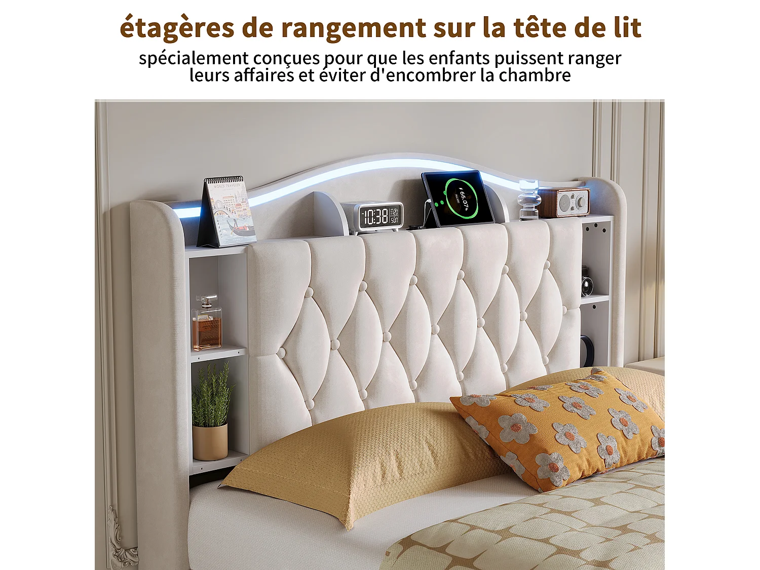 Lit adulte 140x190cm avec éclairage LED et ports USB - rangement hydraulique - velours - style moderne - beige