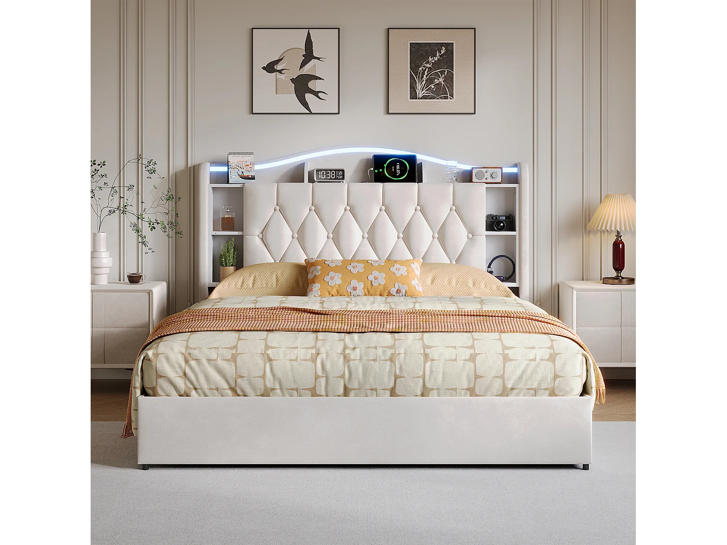 Lit adulte 140x190cm avec éclairage LED et ports USB - rangement hydraulique - velours - style moderne - beige