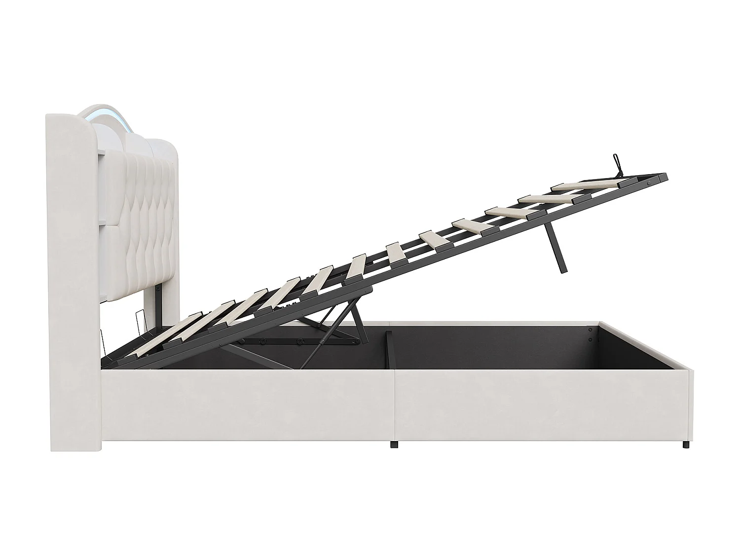 Lit adulte 140x190cm avec éclairage LED et ports USB - rangement hydraulique - velours - style moderne - beige