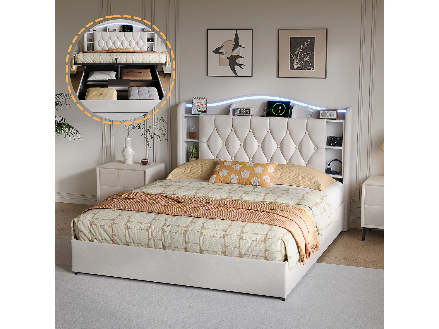 Lit adulte 140x190cm avec éclairage LED et ports USB - rangement hydraulique - velours - style moderne - beige