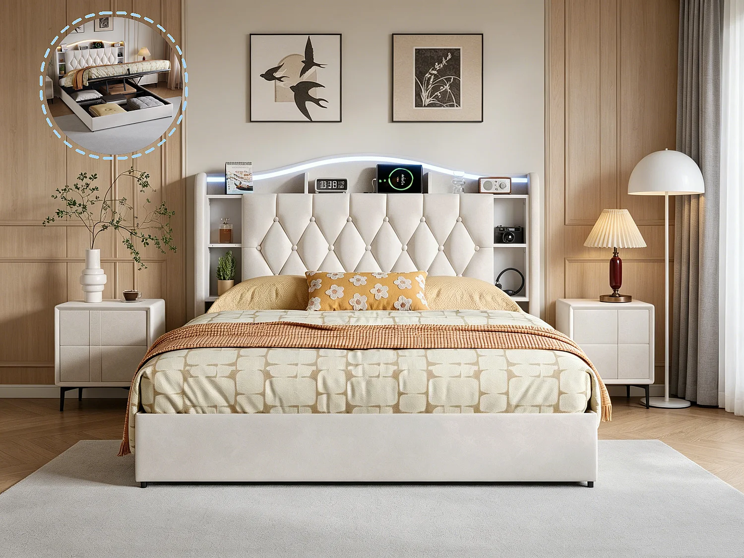 Lit adulte 140x190cm avec éclairage LED et ports USB - rangement hydraulique - velours - style moderne - beige