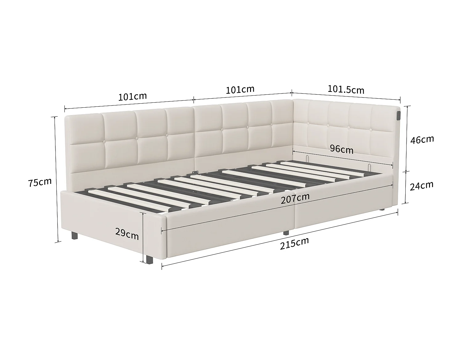 Eenpersoonsbed 90x200cm met hydraulische opbergruimte - LED en USB - Fluweel - Beige