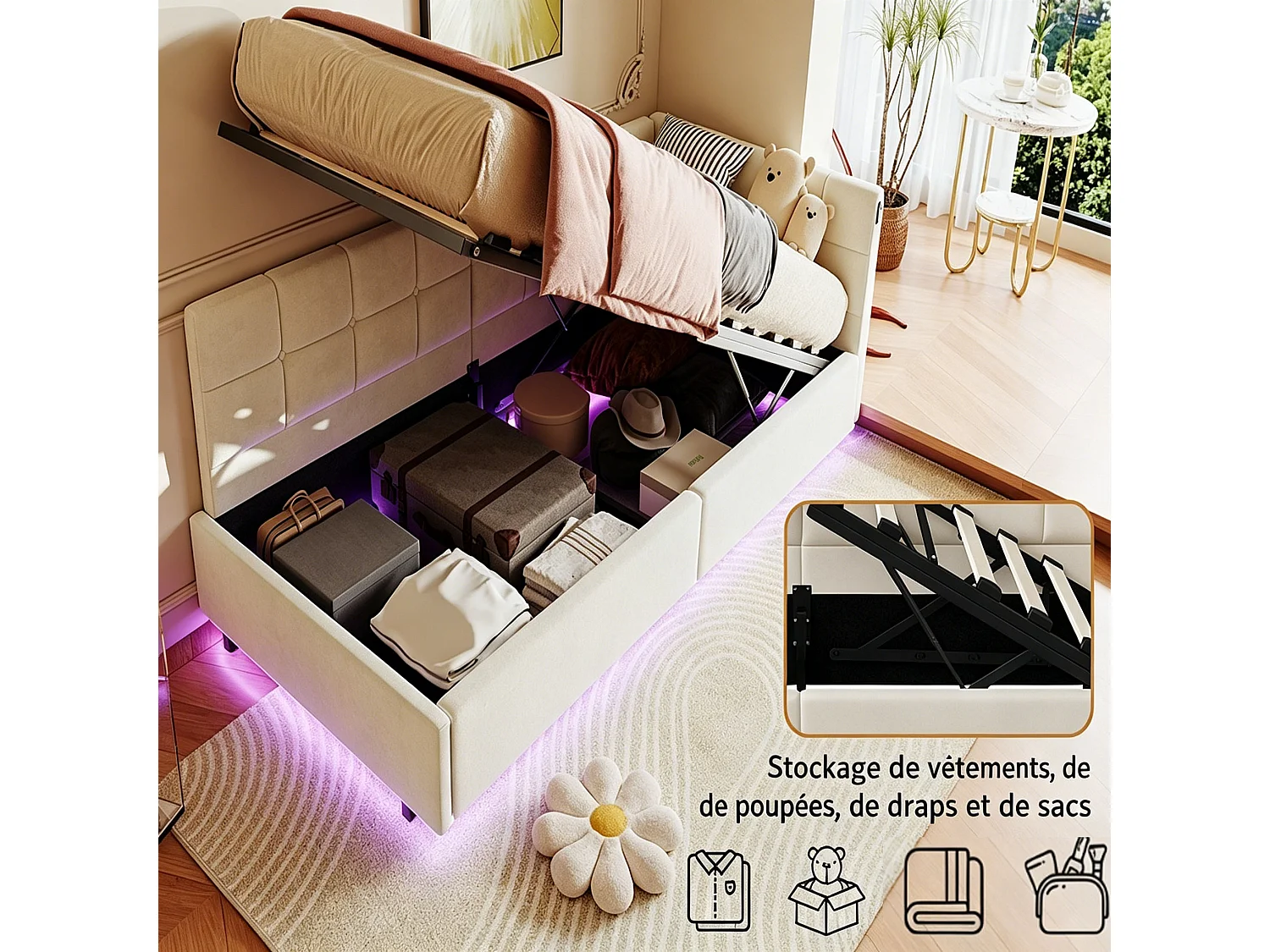 Eenpersoonsbed 90x200cm met hydraulische opbergruimte - LED en USB - Fluweel - Beige