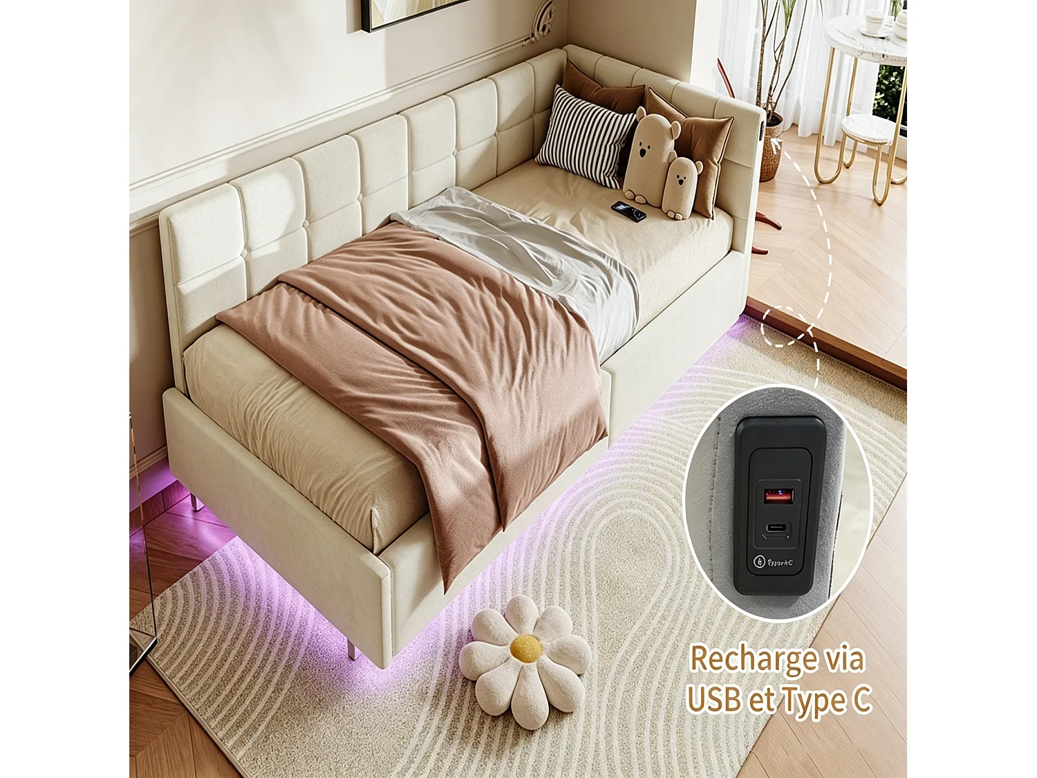 Eenpersoonsbed 90x200cm met hydraulische opbergruimte - LED en USB - Fluweel - Beige