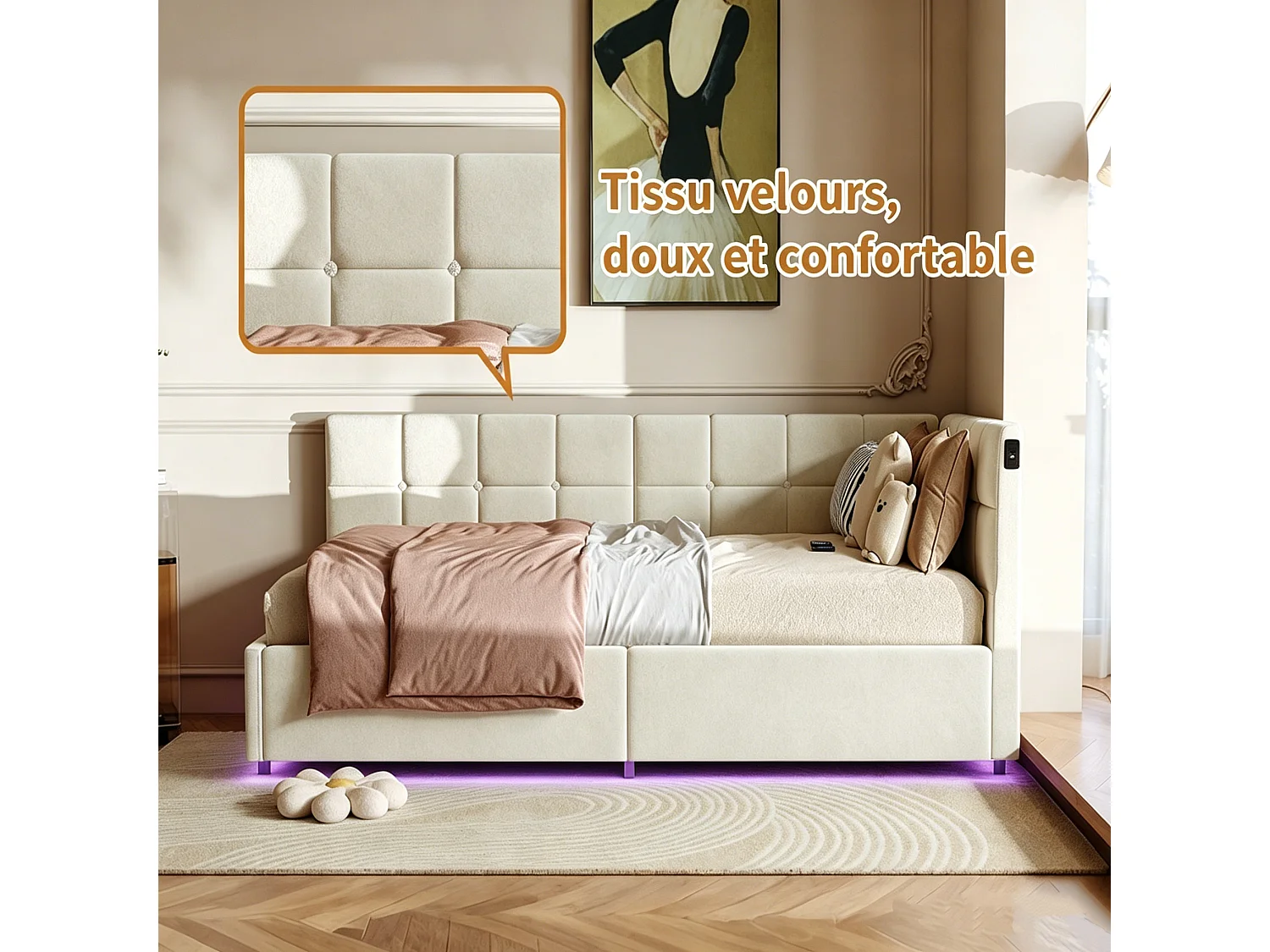 Eenpersoonsbed 90x200cm met hydraulische opbergruimte - LED en USB - Fluweel - Beige