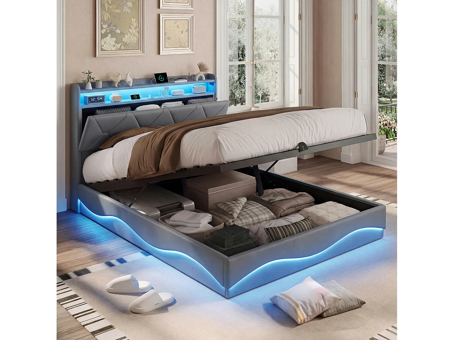 Cama doble de 160x200 cm con almacenamiento hidráulico, cabecero con LED y puerto USB, terciopelo, color gris