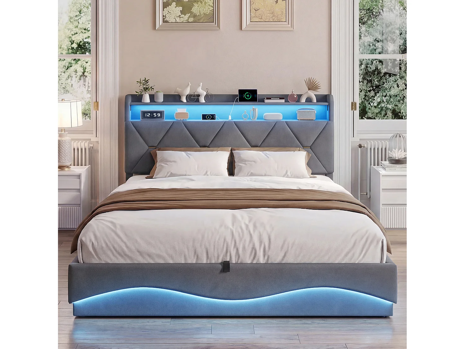 Cama doble de 160x200 cm con almacenamiento hidráulico, cabecero con LED y puerto USB, terciopelo, color gris