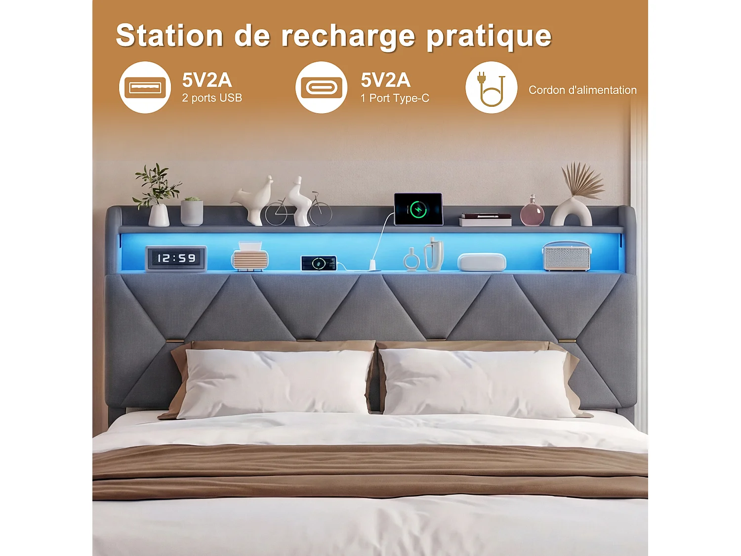 Cama doble de 160x200 cm con almacenamiento hidráulico, cabecero con LED y puerto USB, terciopelo, color gris