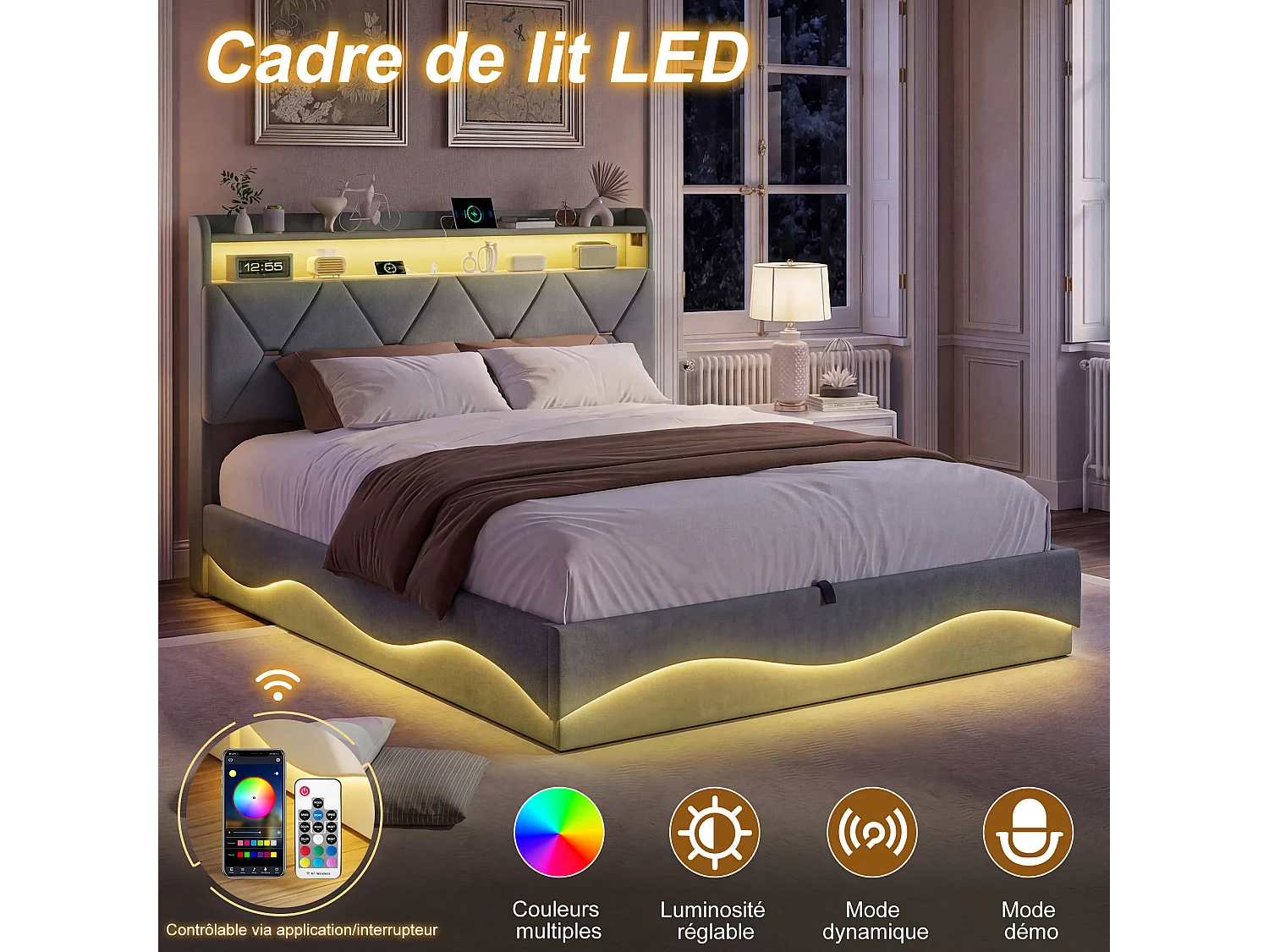 Cama doble de 160x200 cm con almacenamiento hidráulico, cabecero con LED y puerto USB, terciopelo, color gris