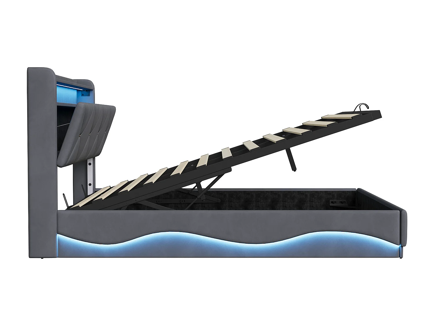 Cama doble de 160x200 cm con almacenamiento hidráulico, cabecero con LED y puerto USB, terciopelo, color gris